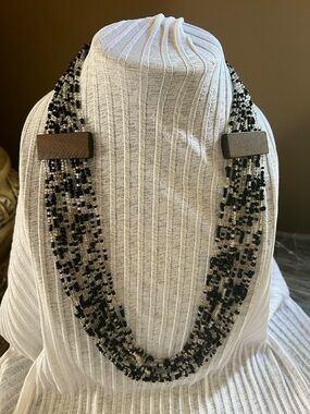 Multi-Strand Black and Clear Beaded Necklace 28in